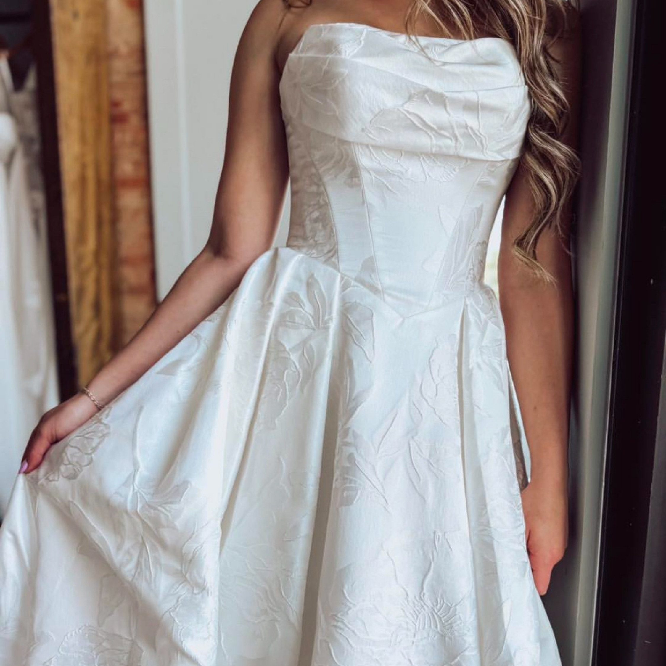 close up of a model in a dress