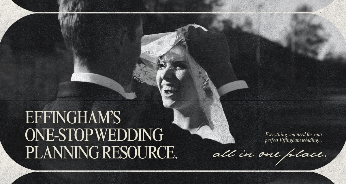 Black and white image of bride and groom with text that reads, "Effingham's one-stop wedding planning resource. Everything you need for you perfect Effingham wedding... all in one place."