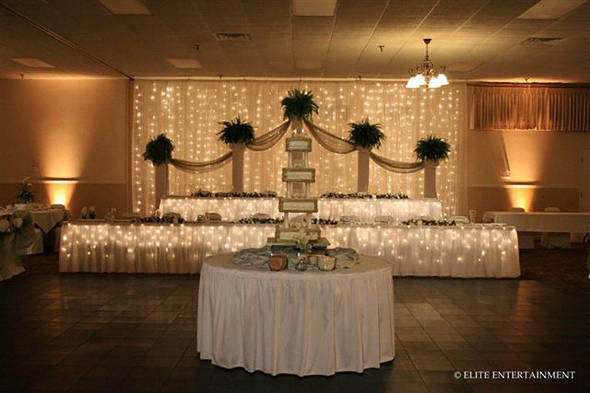 wedding party tables and wedding cake table setup at Effingham Event Center