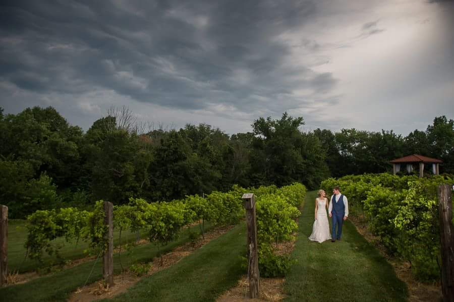 newlyweds walking through the grapevines at Tuscan Hills Winery