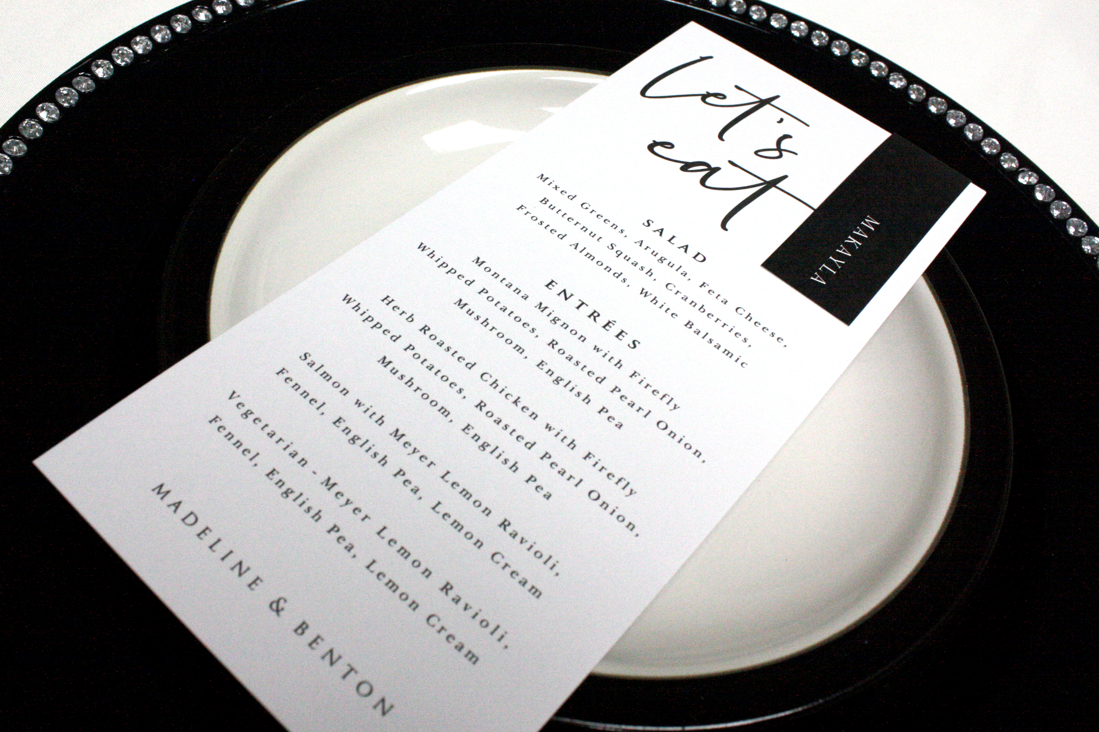 black and white wedding menu
