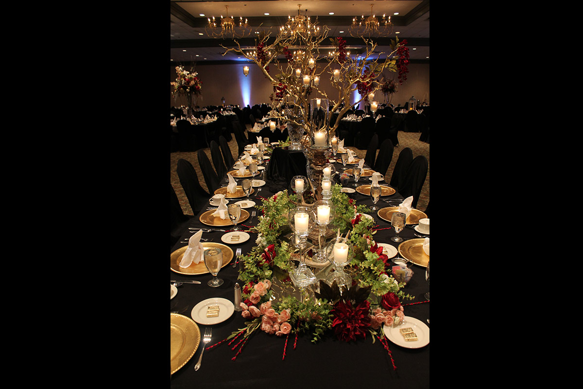 table decorated for a wedding reception at the Thelma Keller Convention Center